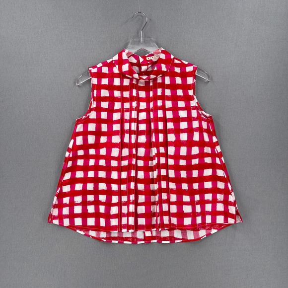 MARNI X UNIQLO Checked top Womens White Red Sleeveless Pleat Front Collared - Picture 3 of 16